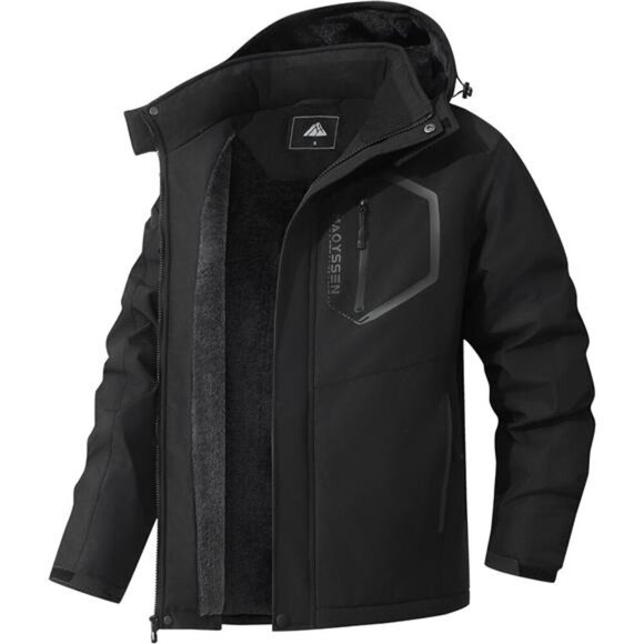 Men's Black Mountain Ski Jacket Winter Snow Coats Waterproof Warm Fleece Lining